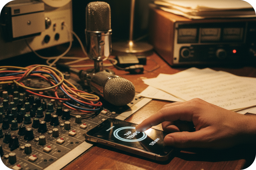 Hand using a smartphone app as a BPM tapper to tap BPM on a vintage recording desk.
