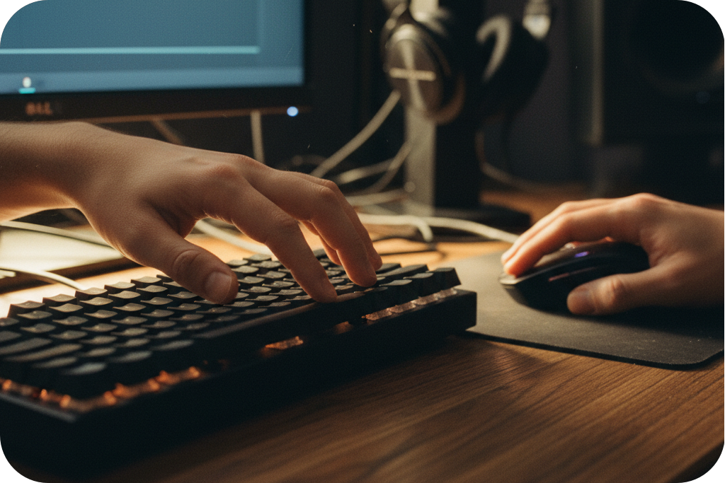 Producer using a keyboard and mouse as a BPM clicker and BPM counter in a dark studio.