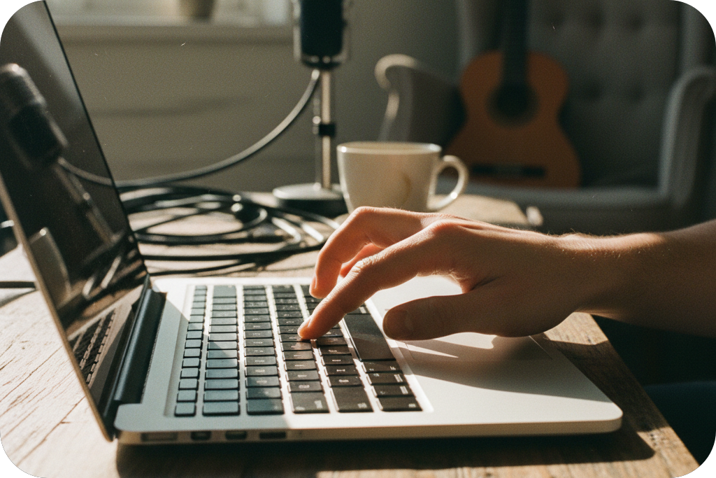 Musician pressing a laptop key to calculate BPM by tap with an online BPM calculator.