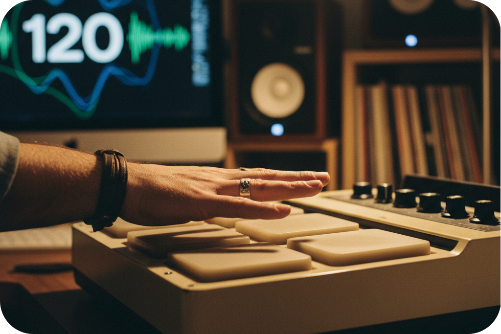 Hand hitting a drum pad sampler to tap for BPM displayed on a digital BPM counter screen.