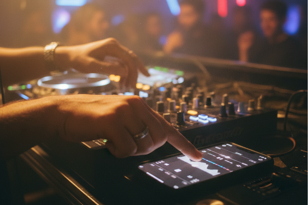 DJ using a smartphone BPM counter app to tap BPM while mixing tracks in a club.
