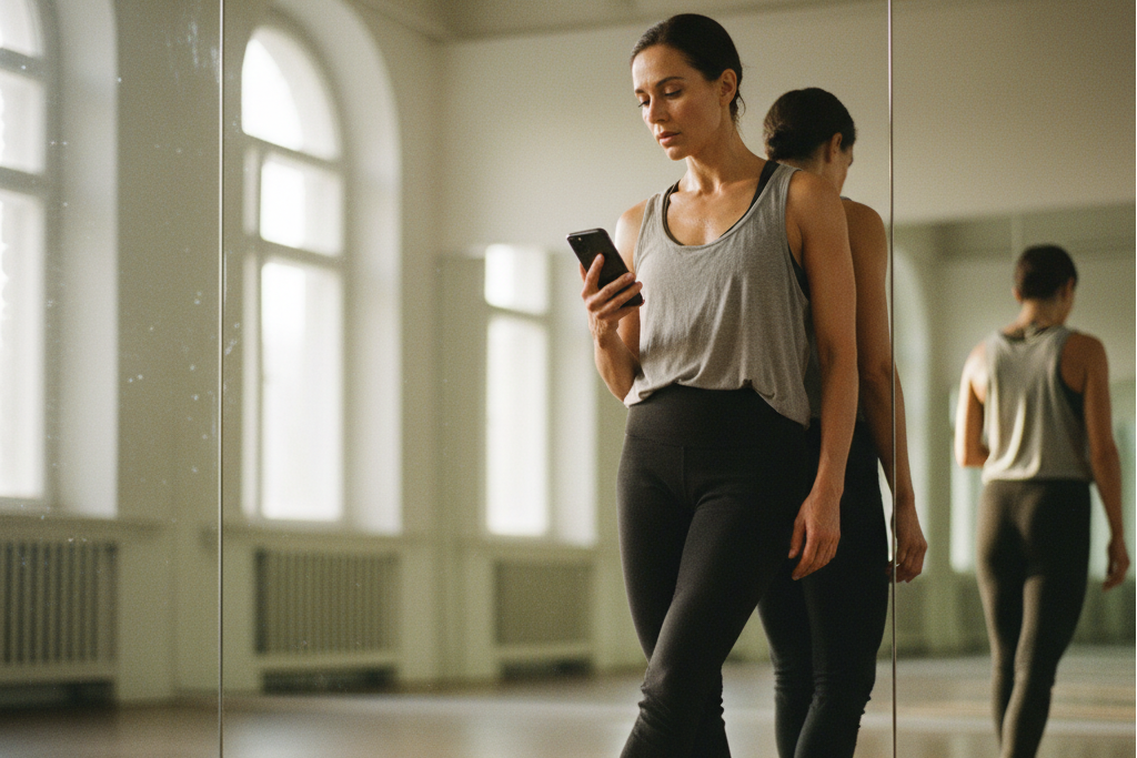 Dancer in a studio looking at a BPM calculator on her phone to tap for BPM.