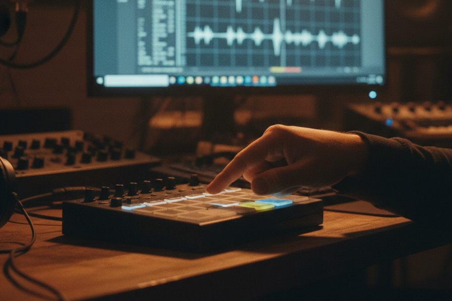 Music producer in a home studio using a MIDI pad as a BPM clicker and BPM tapper.