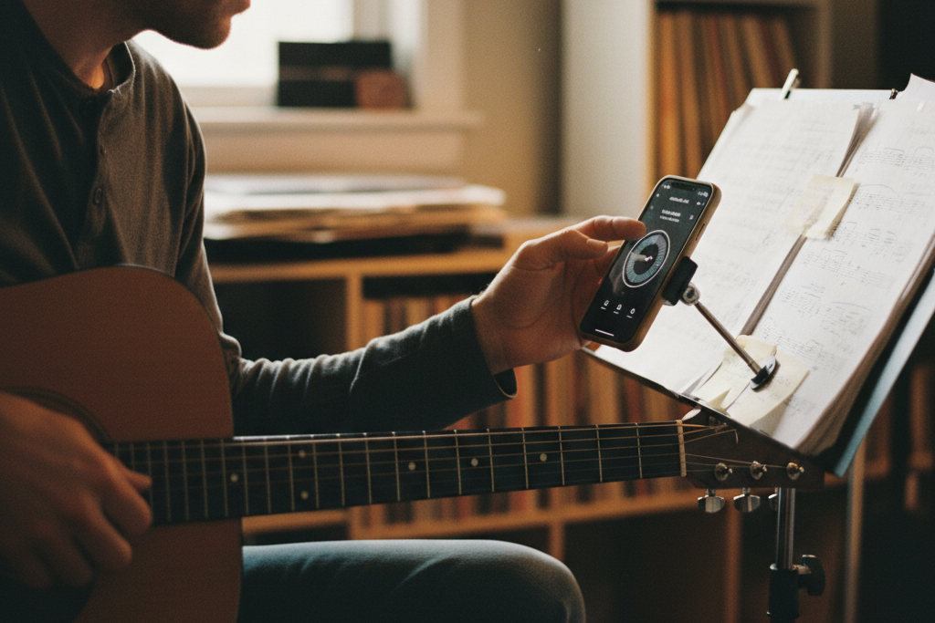 Guitarist practicing with sheet music and a phone app to find BPM by tap.