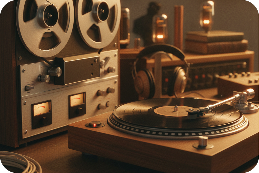 Vintage reel-to-reel and turntable setup acting as a hardware lo-fi converter for warm audio.