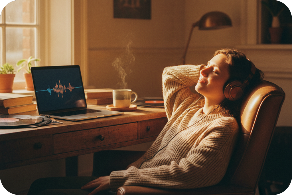 Relaxed woman with headphones using a laptop application to convert song to lofi.
