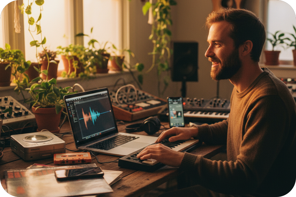 Producer in a sunny plant-filled studio using tools to process mp3 to lofi format.