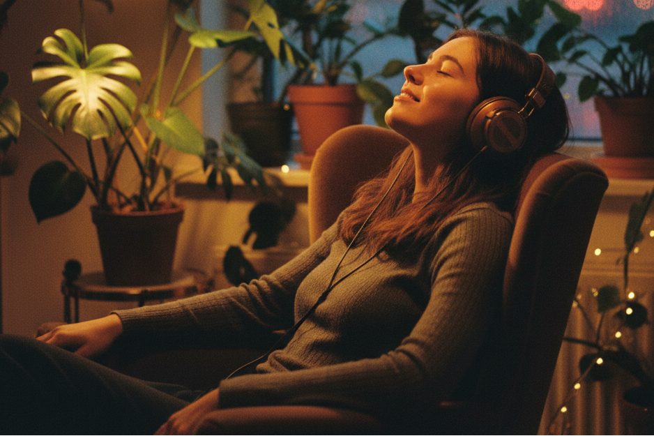 Woman enjoying a cozy rainy evening listening to music processed by a lo-fi converter.