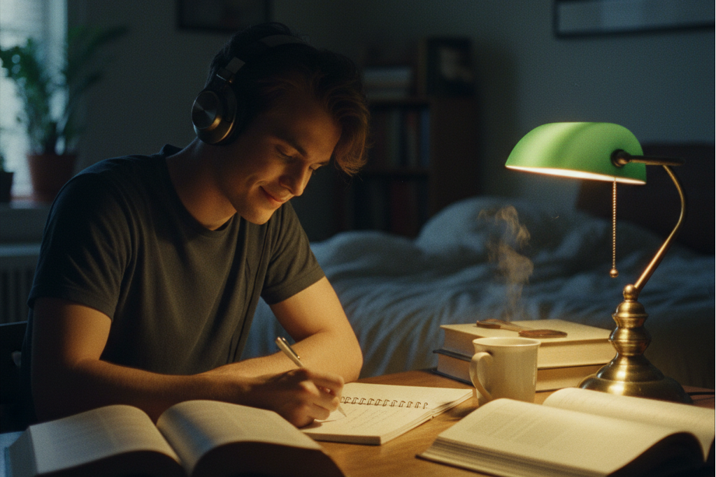 Student studying at a desk while listening to study beats converted from mp3 to lofi.