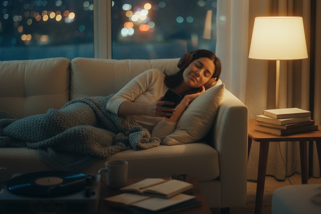 Relaxed woman on a couch using a mobile app to convert song to lofi.