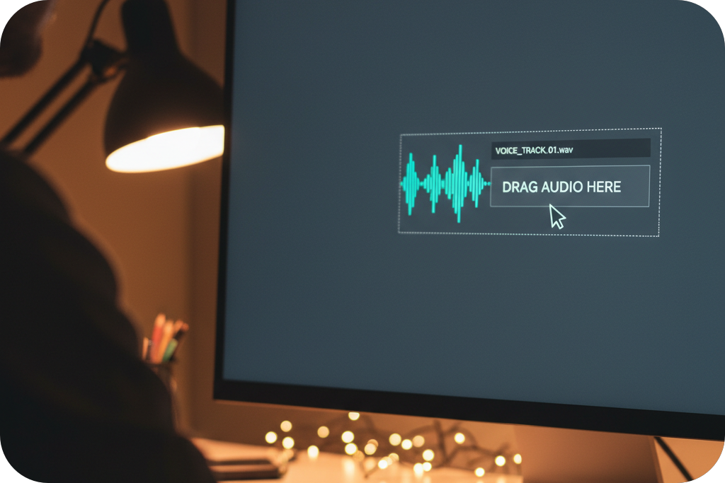 Computer screen displaying a Slowed and Reverb Generator interface where a user drags an audio file for processing.