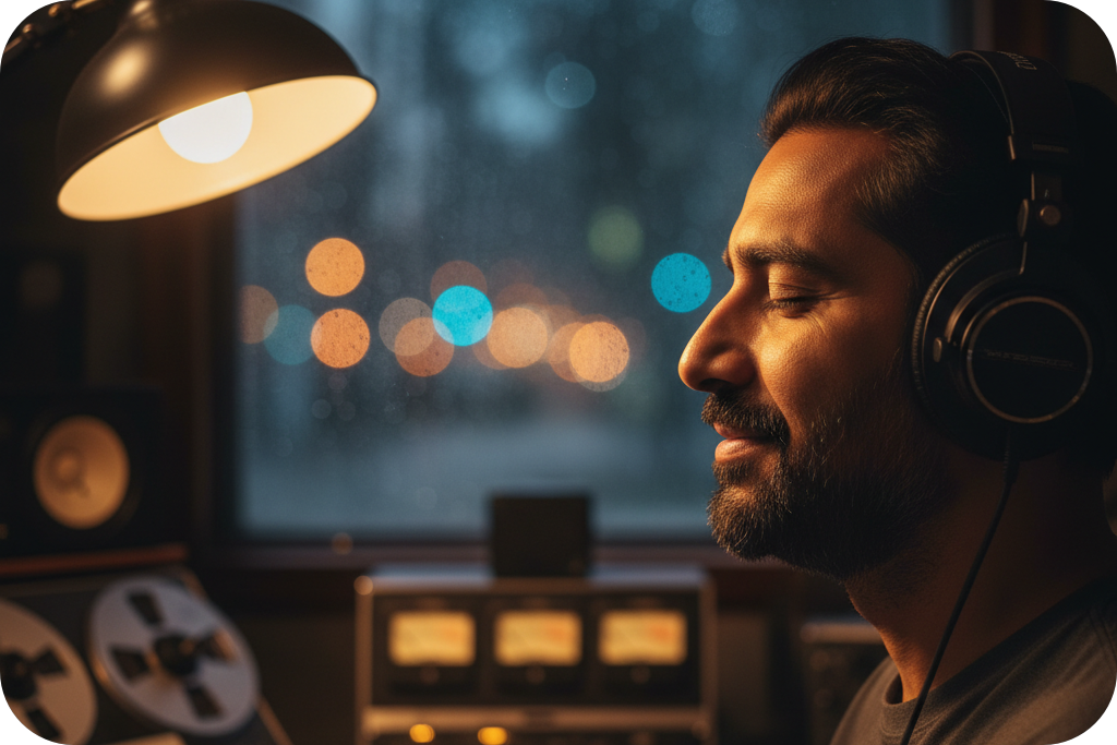 Music producer with headphones enjoying a track created using a Slowed and Reverb Generator in a cozy studio.