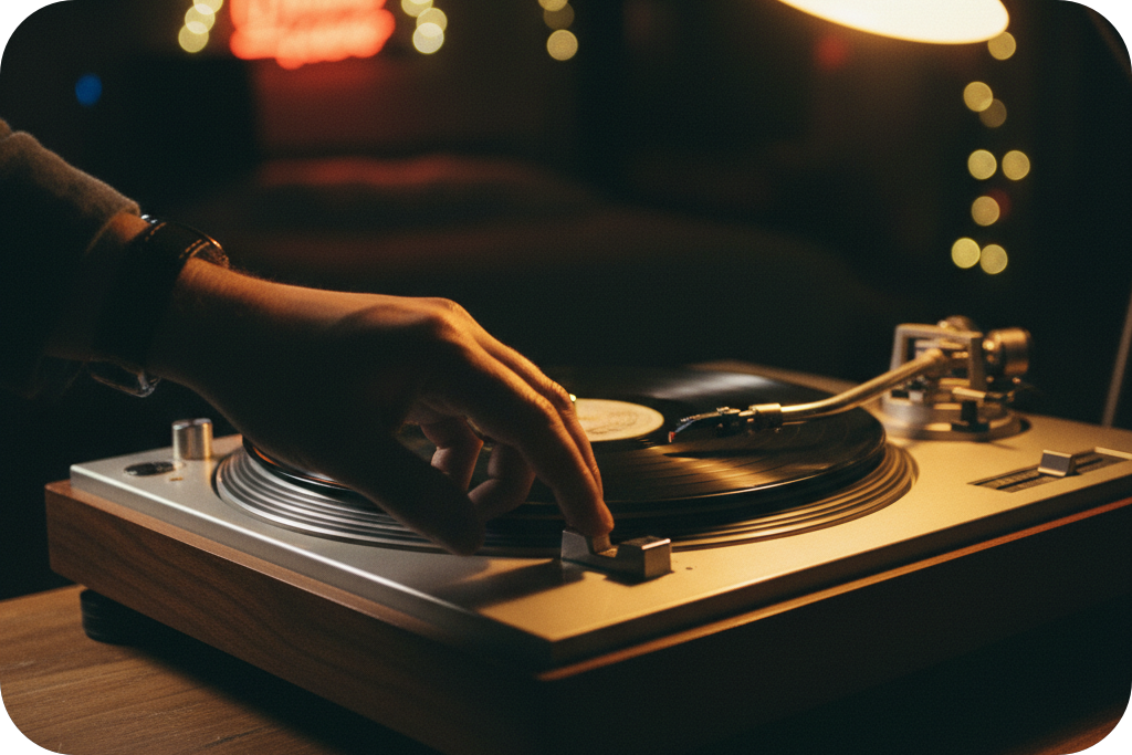 Hand adjusting a vinyl player to simulate a Slowed and Reverb Generator effect under a warm lamp.