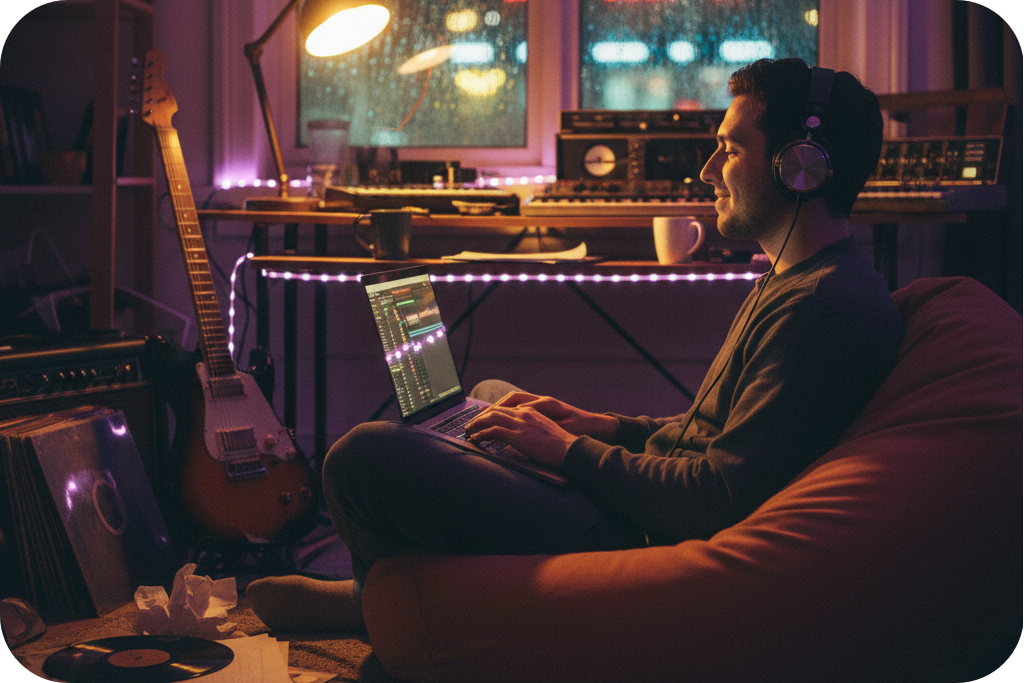Musician relaxing in a beanbag chair while using a Slowed and Reverb Generator app on his laptop during a rainy night.