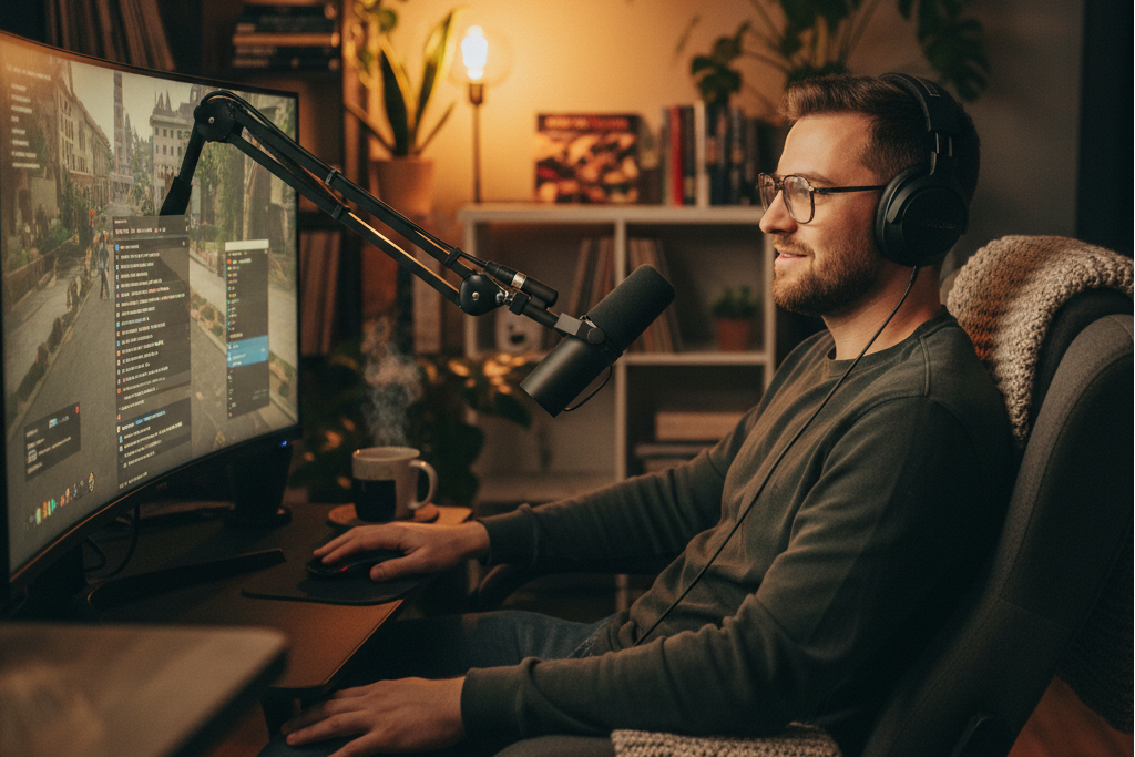 Streamer sitting at a computer setup using a Slowed and Reverb Generator to adjust audio for his broadcast.