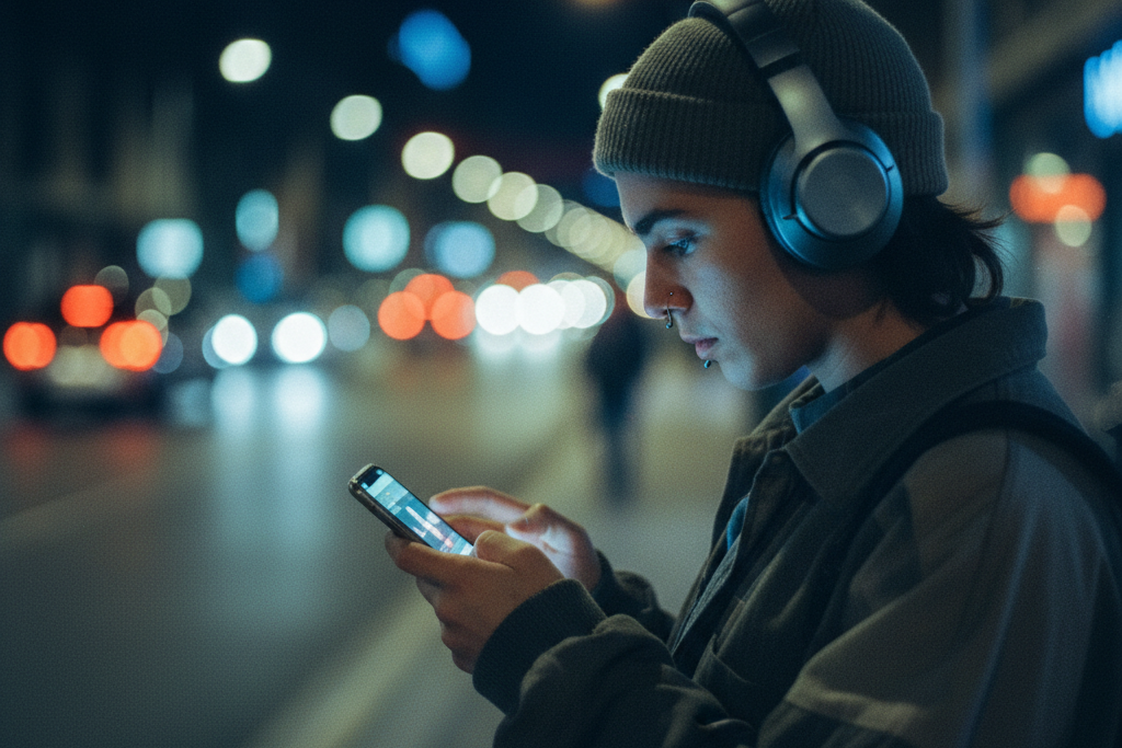 Person walking on a city street at night using a mobile Slowed and Reverb Generator app on their smartphone.