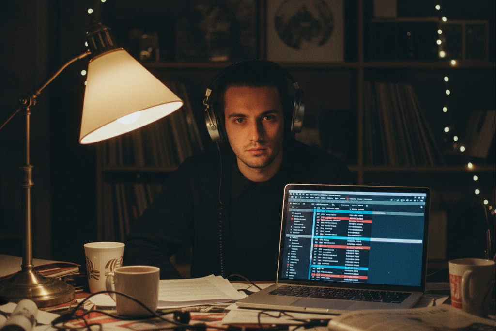 Man working late at a cluttered desk with a Slowed and Reverb Generator interface open on his laptop.