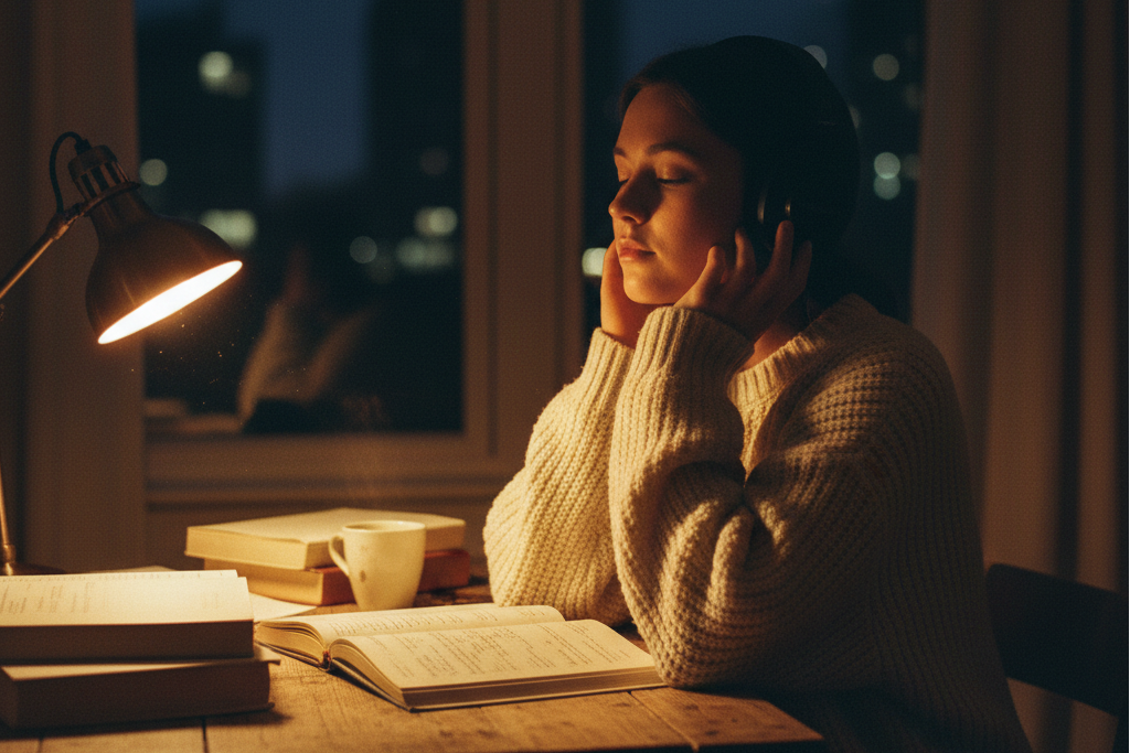 Woman relaxing with a book under a lamp while listening to music processed by a Slowed and Reverb Generator.