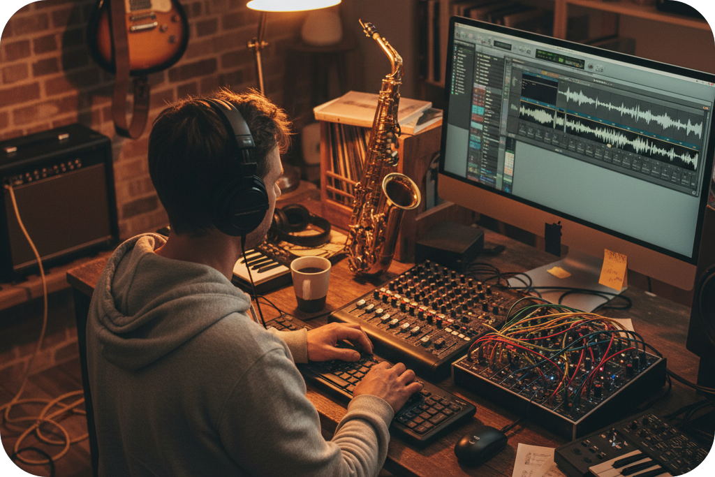 Musician in a home studio using chord progression generator software to compose a new track.