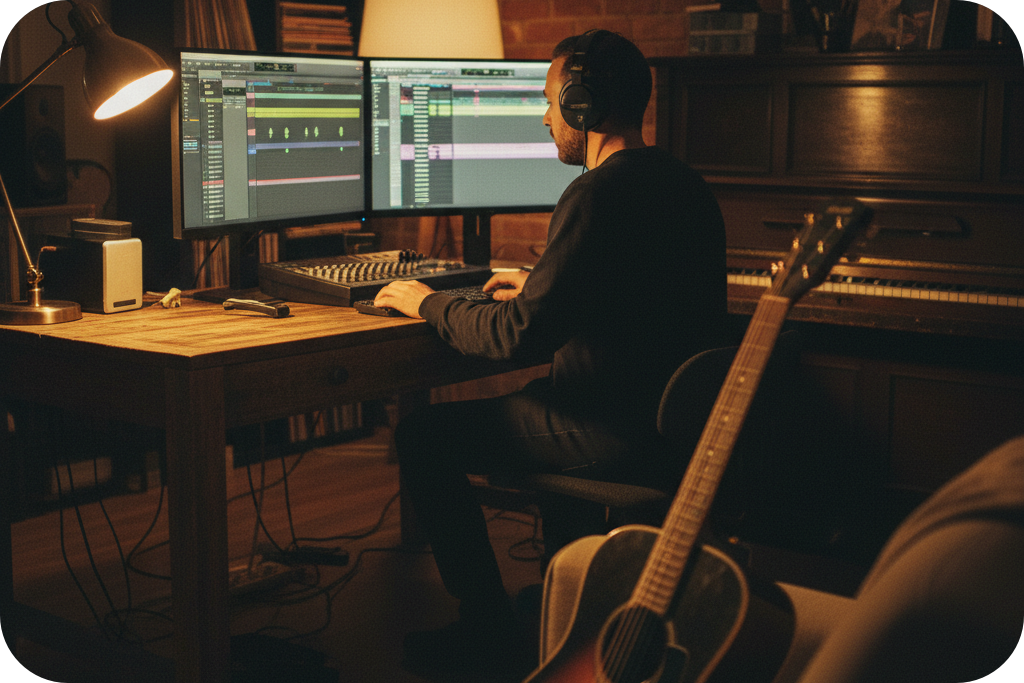 Producer sitting at a dual-monitor desk arranging music with a chord progression generator.