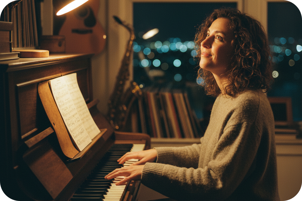 Songwriter playing piano by a night window, exploring ideas from a chord progression generator.