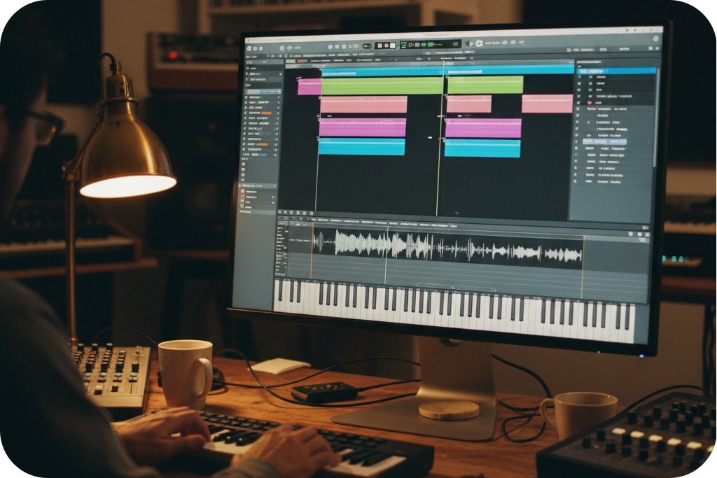 Computer screen displaying a digital audio workstation with a chord progression generator plugin.