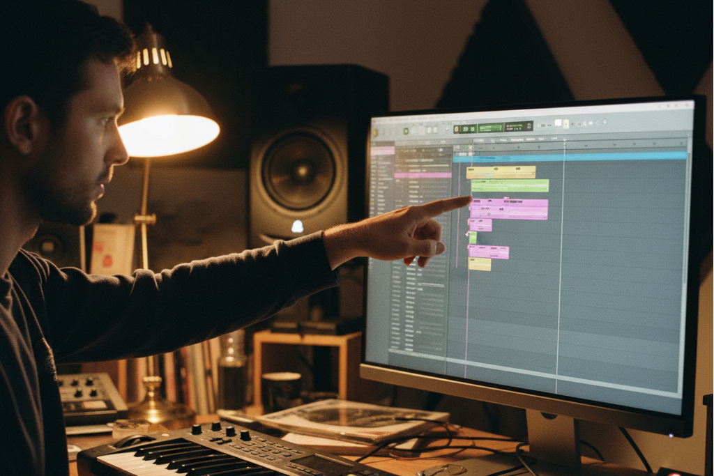 Producer pointing at music blocks created by a chord progression generator on his computer screen.