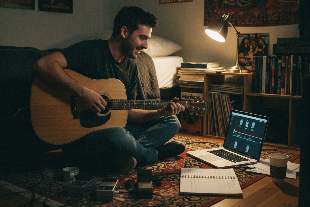 Guitarist practicing a new song with help from a chord progression generator displayed on his laptop.