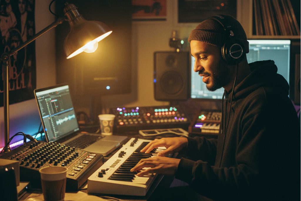 Beatmaker in a home studio composing a track with a chord progression generator tool.