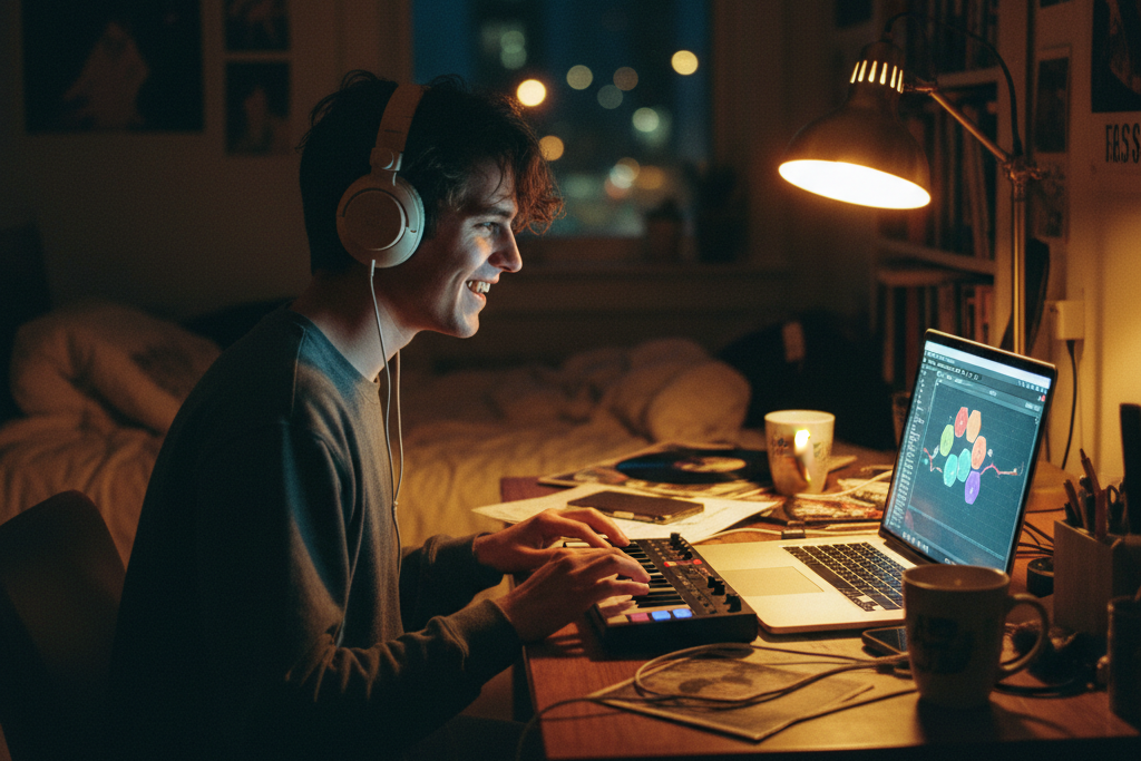 Smiling musician using a chord progression generator app to write music at night.