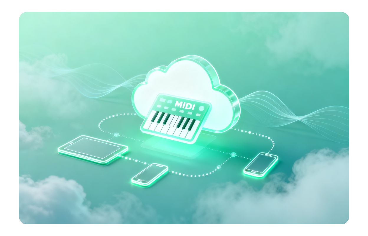 Cloud-based workspace displaying the AI MIDI Editor accessible from multiple devices