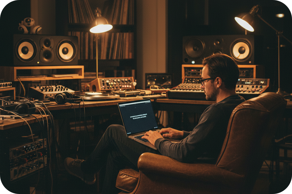 Male producer composing in a cozy home studio using an AI Background Music Generator on a laptop.