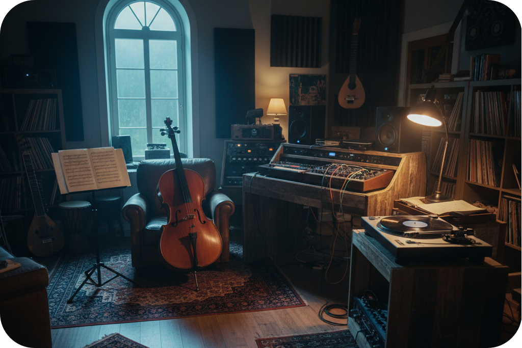 Atmospheric music room with vintage instruments and equipment for an AI Background Music Generator workflow.