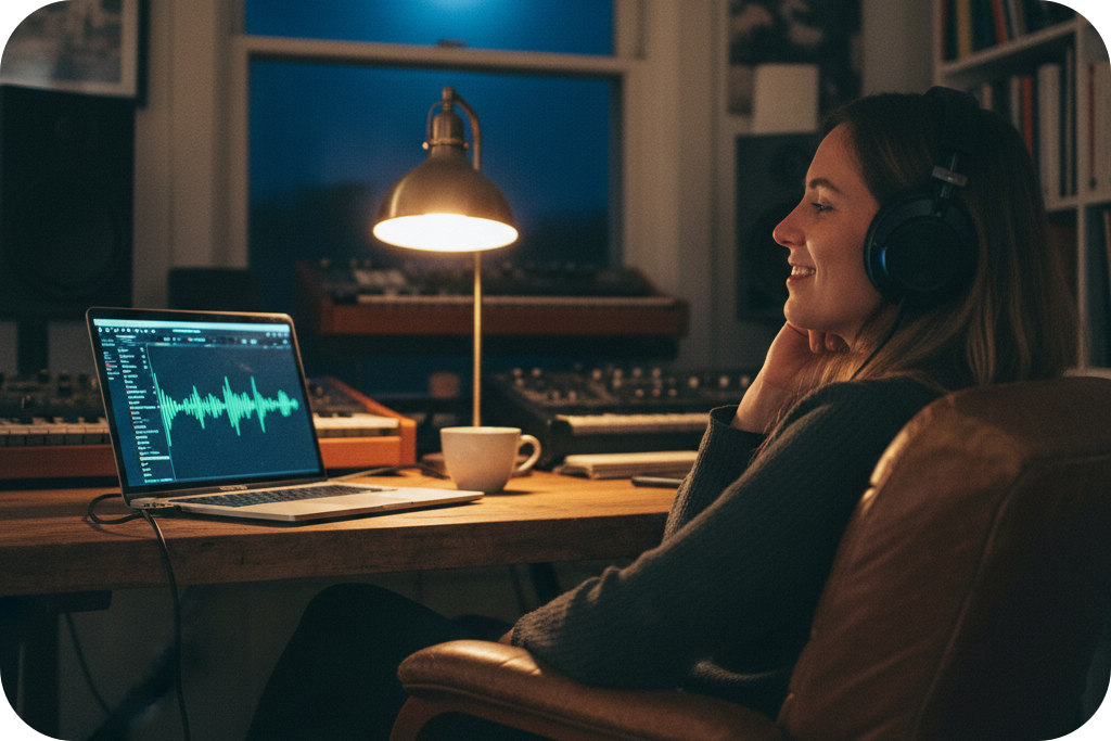 Female creator smiling while using an AI Background Music Generator on her laptop at night.