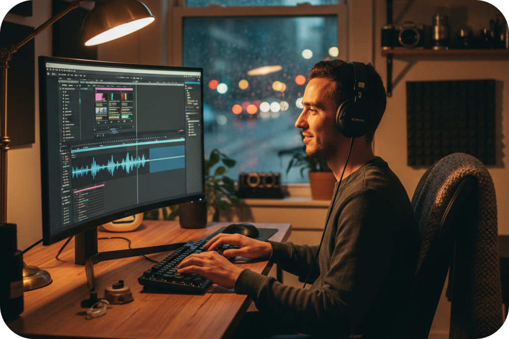 Man editing audio waveforms on a desktop monitor with an AI Background Music Generator interface.