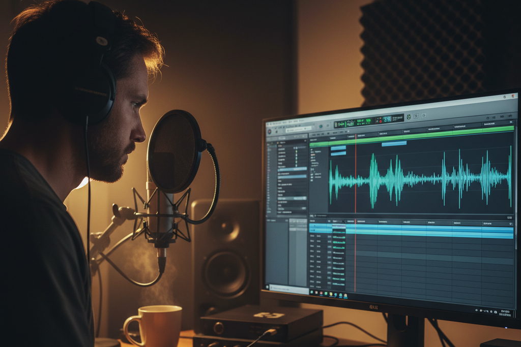 Man recording vocals in a studio setup with an AI Background Music Generator displayed on the monitor.