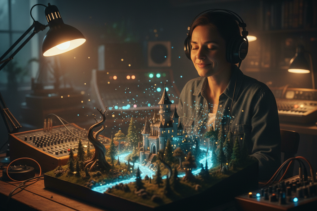 Female creator visualizing fantasy soundscapes using an immersive AI Background Music Generator.