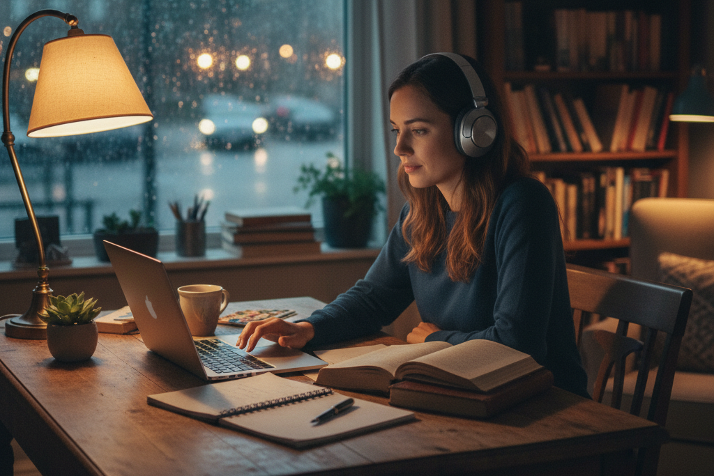 Woman studying by a rainy window while listening to an AI Background Music Generator on her laptop.