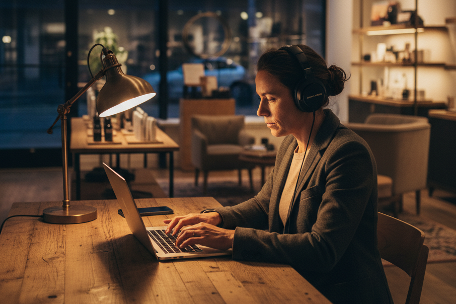 Professional working remotely in a quiet space using an AI Background Music Generator for focus.