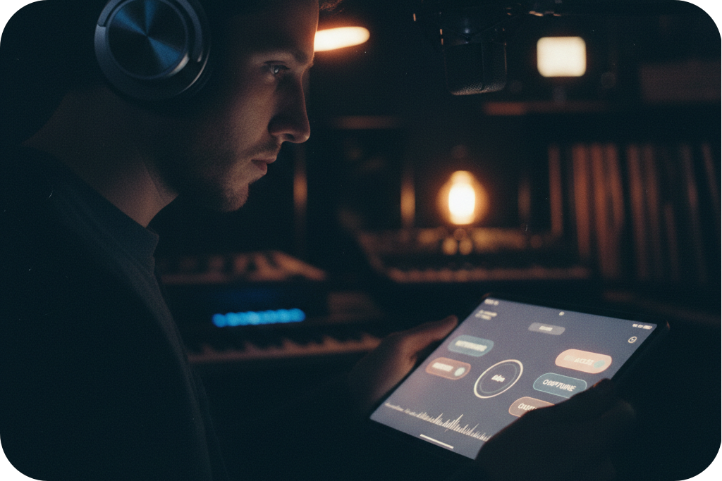 Male producer composing retro tunes on a tablet using an 8-Bit Music Generator interface.