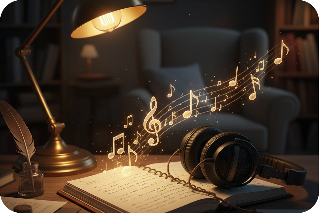 Magical glowing musical notes swirling around headphones, representing an 8-Bit Music Generator melody.