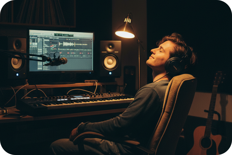 Music producer relaxing in a studio while listening to a track from an 8-Bit Music Generator.