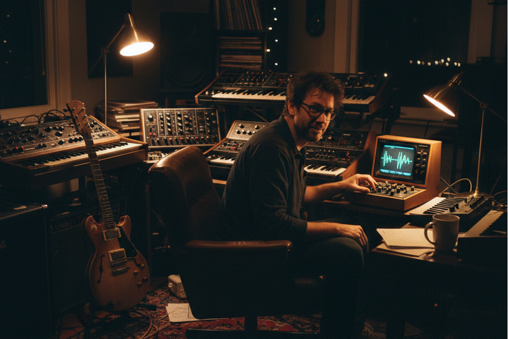 Musician in a vintage studio adjusting controls on a hardware 8-Bit Music Generator.