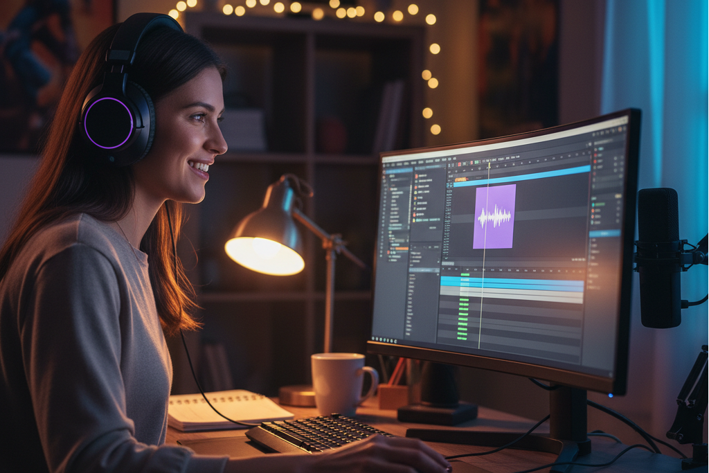 Female creator editing audio waveforms on a monitor using an 8-Bit Music Generator software.