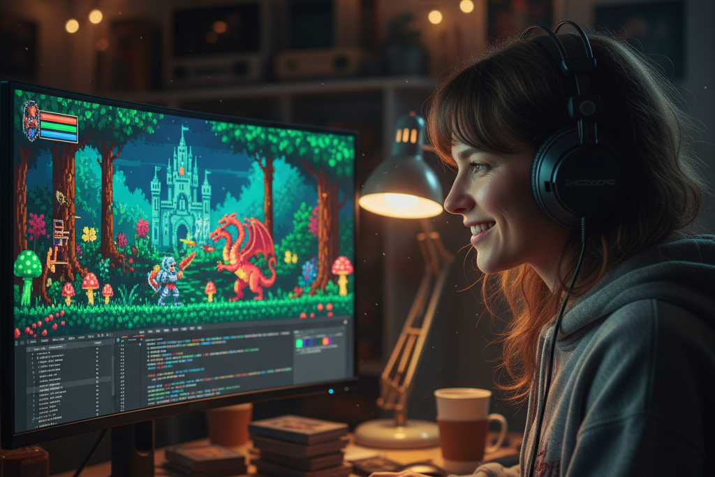 Gamer playing a pixel-art fantasy game accompanied by an 8-Bit Music Generator soundtrack.