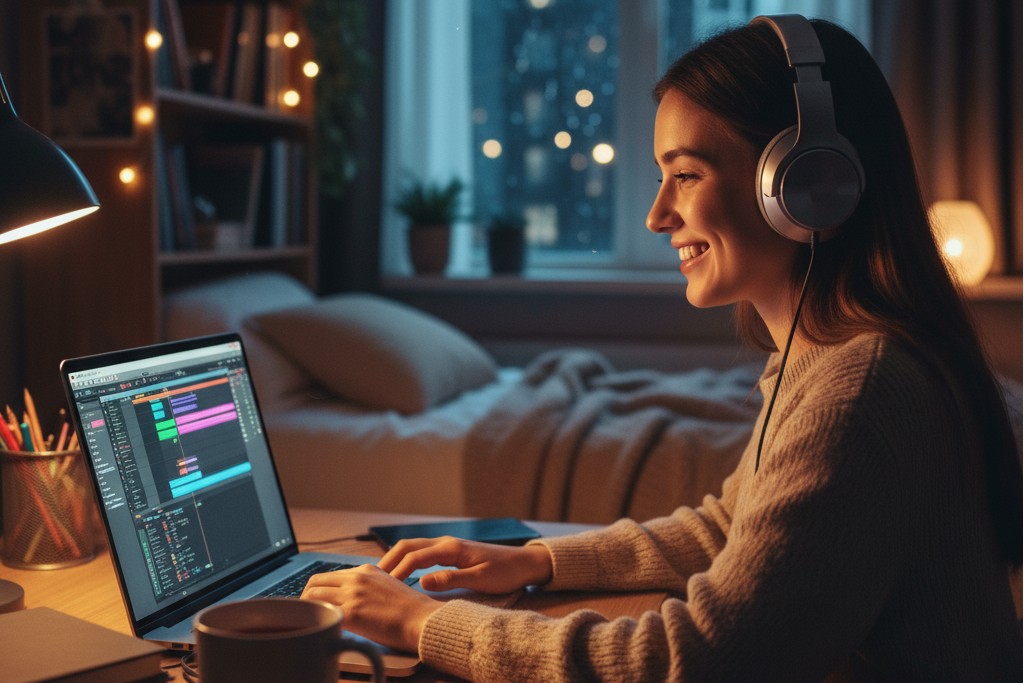 Woman composing retro tunes on her laptop in a cozy room using an 8-Bit Music Generator.