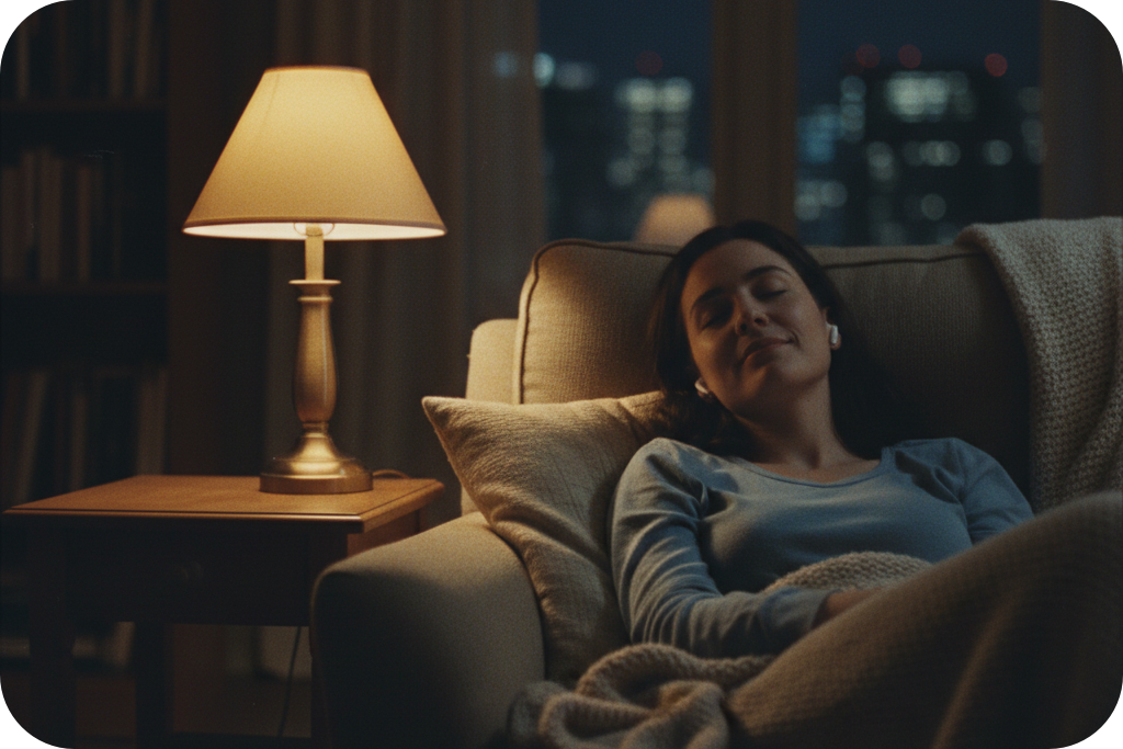 Relaxed woman using a Noise player for soothing Noise for sleep.