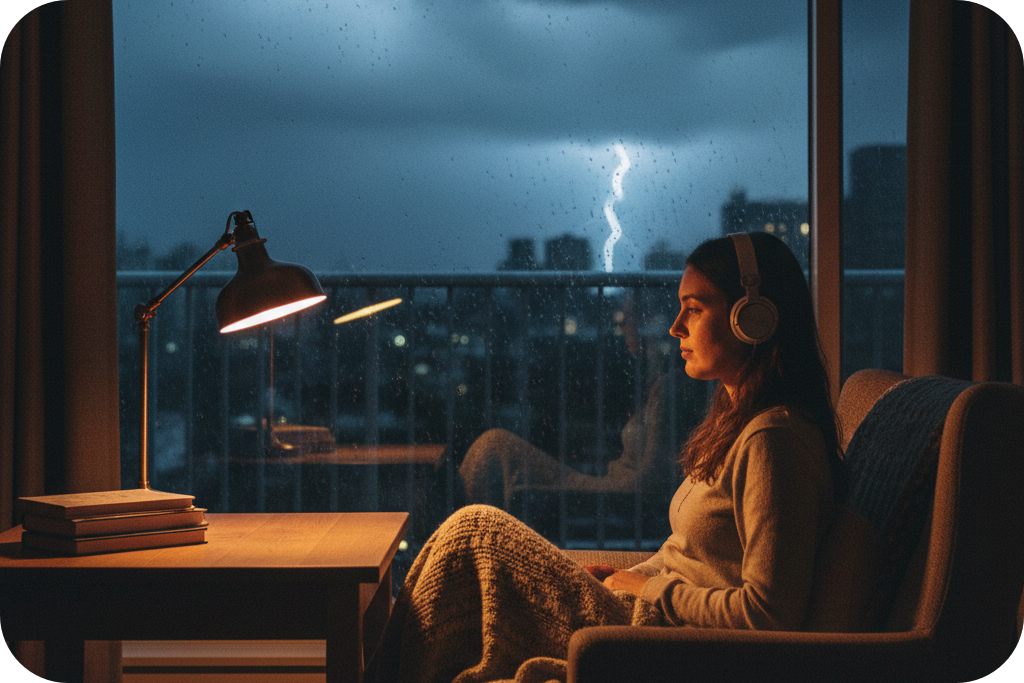 Woman with headphones listening to Noise online for Noise for focus.