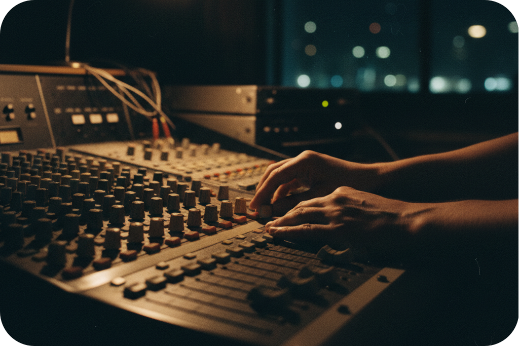 Hands adjusting a professional Noise Generator and Color Noise generator.