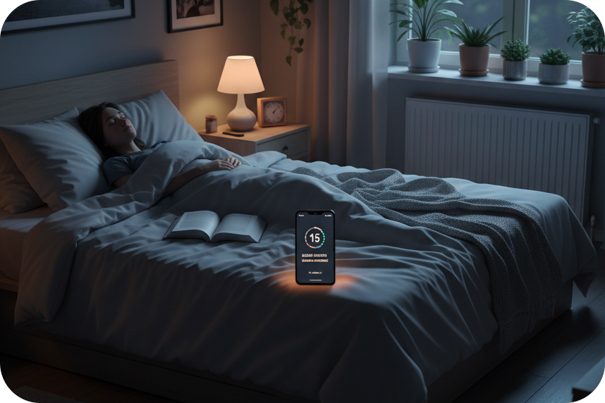 Sleeping woman using a Color Noise generator app providing Noise for sleep.